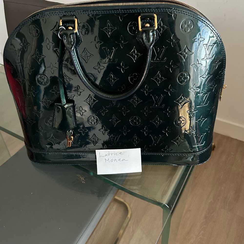 Louis Vuitton Green Satchel with Embossed Pattern and Gold Hardware